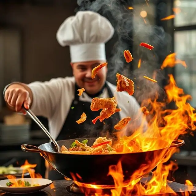 A chef tossing food in a flaming wok.