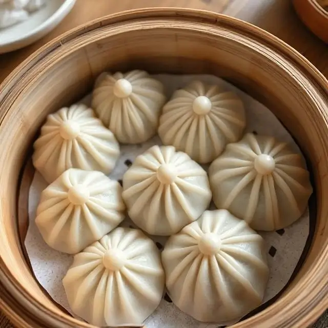 A steamer basket with delicate Xiao Long Bao soup dumplings.