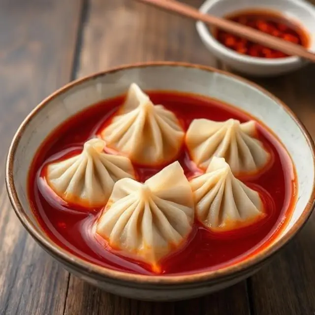 A bowl of Szechuan spicy wontons in red chili oil.