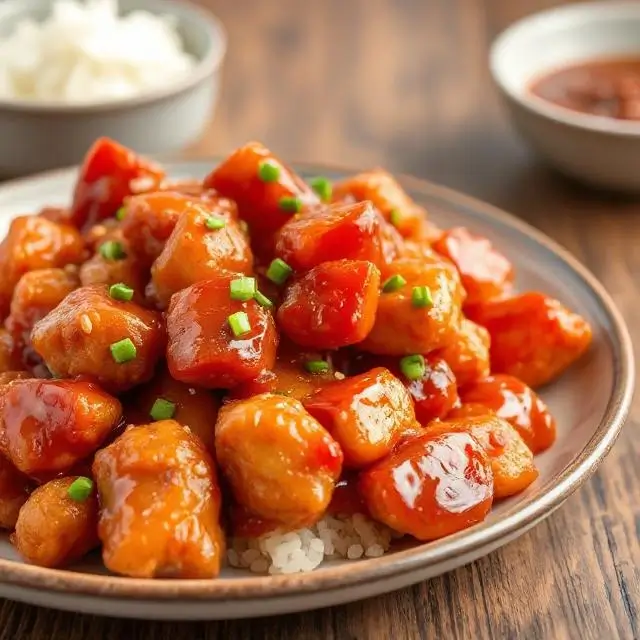 A plate of glossy and crispy General Tso's Chicken.