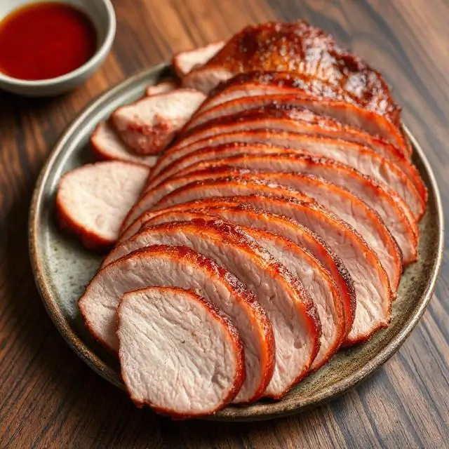 Perfectly sliced Peking Duck with crispy skin.