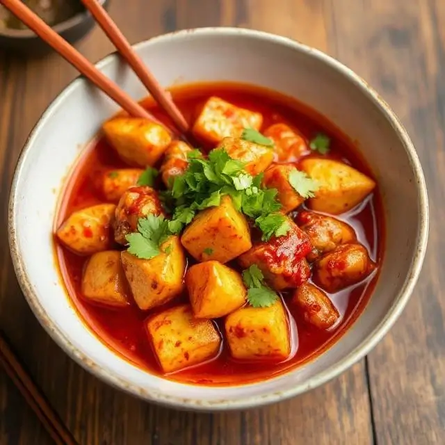 A vibrant bowl of spicy Szechuan Mapo Tofu.