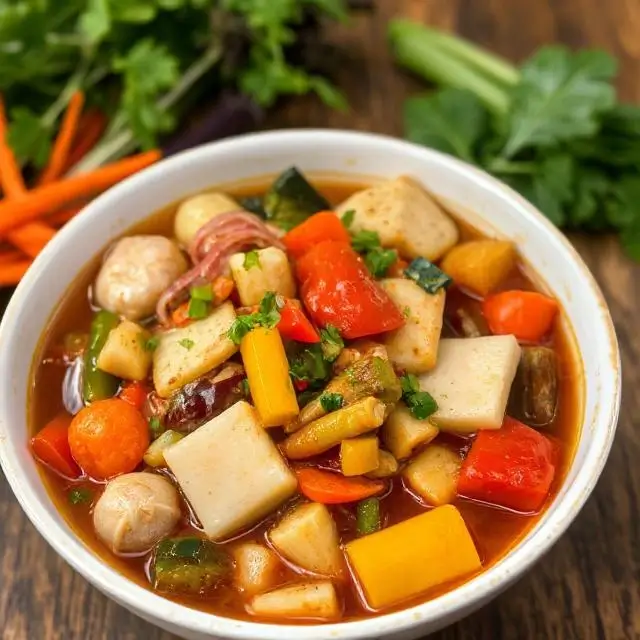 A colorful mix of vegetables in Buddha's Delight stew.