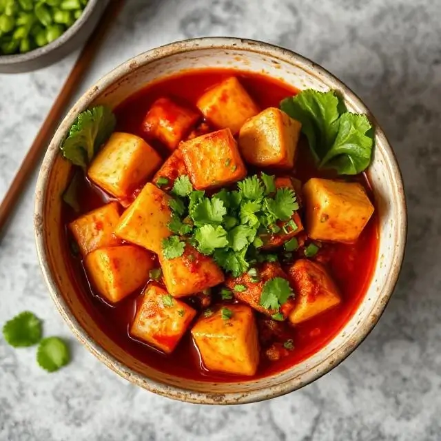 Spicy Mapo Tofu in a bowl