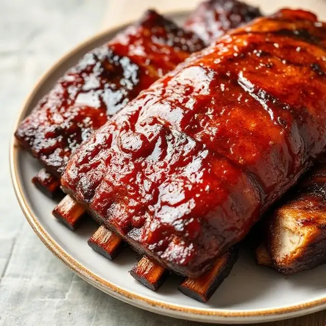A plate of glistening tea-smoked ribs