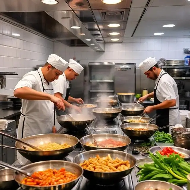 A vibrant, clean kitchen with chefs preparing food in woks.